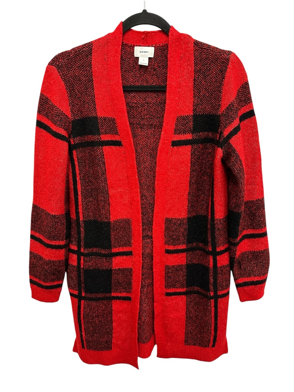 Old Navy red black buffalo check plaid open front cardigan sweater Size S